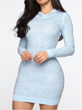Fashion Nova Light Blue Rhinestone Long Sleeve Hoodie Dress